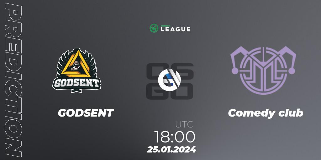 Prognose für das Spiel GODSENT VS Comedy club. 25.01.2024 at 18:00. Counter-Strike (CS2) - ESEA Season 48: Advanced Division - Europe