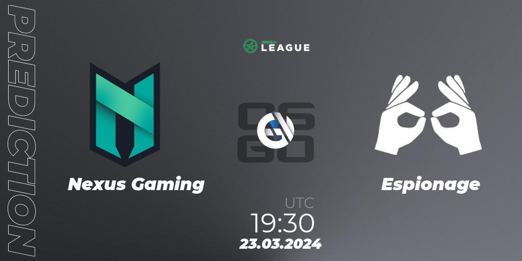 Prognose für das Spiel Nexus Gaming VS Espionage. 25.03.24. CS2 (CS:GO) - ESEA Season 48: Advanced Division - Europe