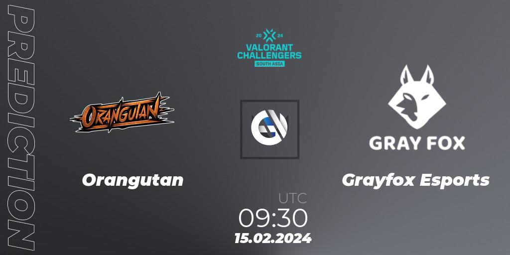 Prognose für das Spiel Orangutan VS Grayfox Esports. 15.02.2024 at 09:30. VALORANT - VALORANT Challengers 2024: South Asia Split 1 - Cup 1