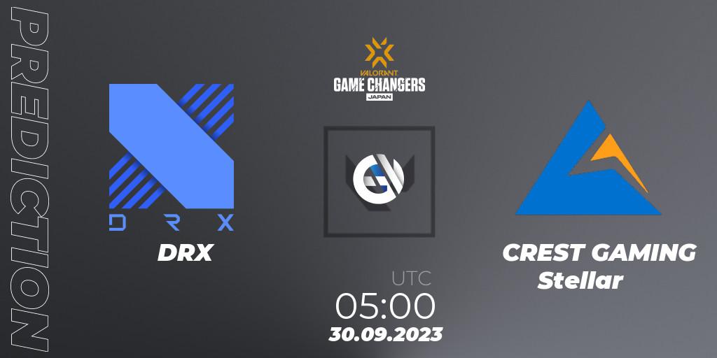 Prognose für das Spiel DRX VS CREST GAMING Stellar. 30.09.2023 at 05:00. VALORANT - VCT 2023: Game Changers Japan Split 2