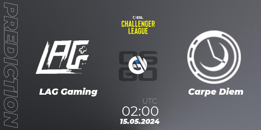 Prognose für das Spiel LAG Gaming VS Carpe Diem. 15.05.2024 at 02:00. Counter-Strike (CS2) - ESL Challenger League Season 47: North America