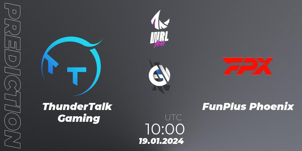 Prognose für das Spiel ThunderTalk Gaming VS FunPlus Phoenix. 19.01.2024 at 10:00. Wild Rift - WRL Asia 2023 - Season 2: China Conference
