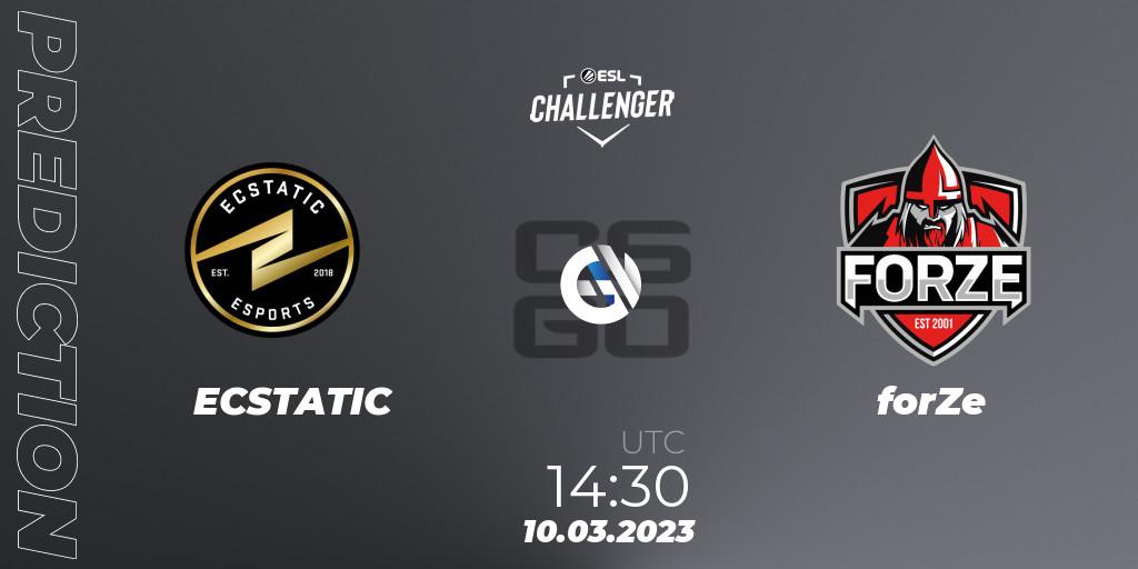 Prognose für das Spiel ECSTATIC VS forZe. 10.03.2023 at 14:30. Counter-Strike (CS2) - ESL Challenger Melbourne 2023 Europe Closed Qualifier