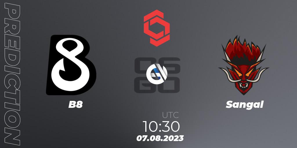 Prognose für das Spiel B8 VS Sangal. 07.08.2023 at 10:30. Counter-Strike (CS2) - CCT Central Europe Series #7