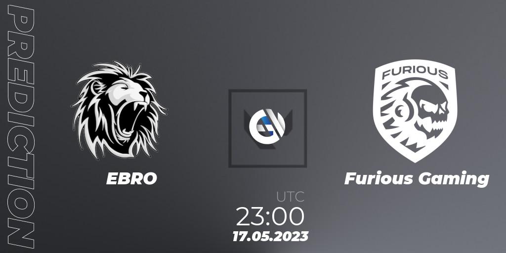 Prognose für das Spiel EBRO VS Furious Gaming. 17.05.2023 at 23:00. VALORANT - VALORANT Challengers 2023: LAS Split 2 - Regular Season