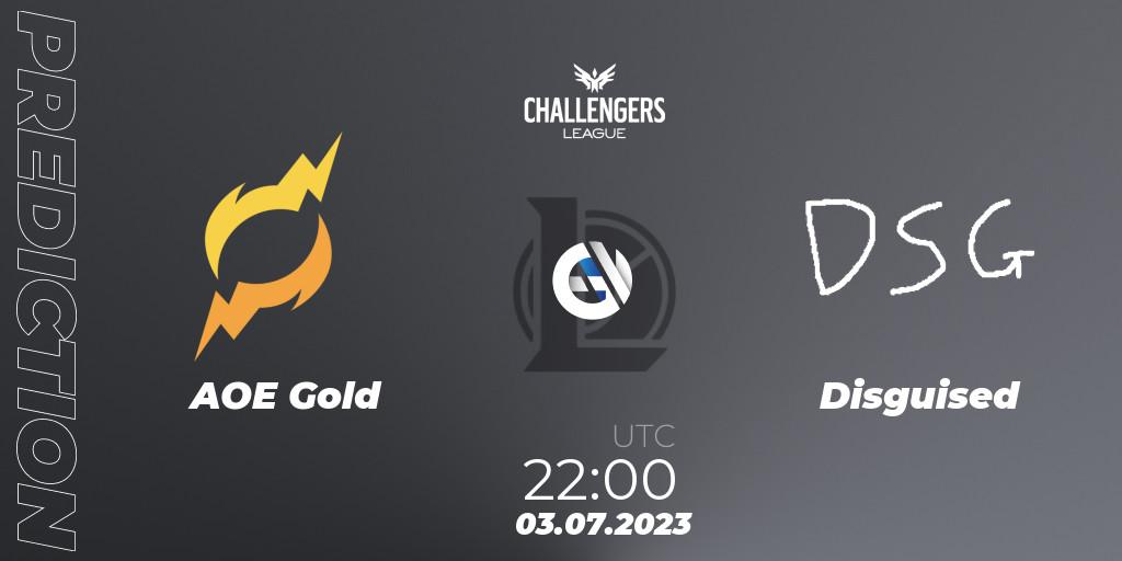 Prognose für das Spiel AOE Gold VS Disguised. 18.06.2023 at 22:00. LoL - North American Challengers League 2023 Summer - Group Stage