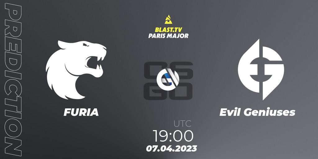 Prognose für das Spiel FURIA VS Evil Geniuses. 07.04.2023 at 19:10. Counter-Strike (CS2) - BLAST.tv Paris Major 2023 Americas RMR