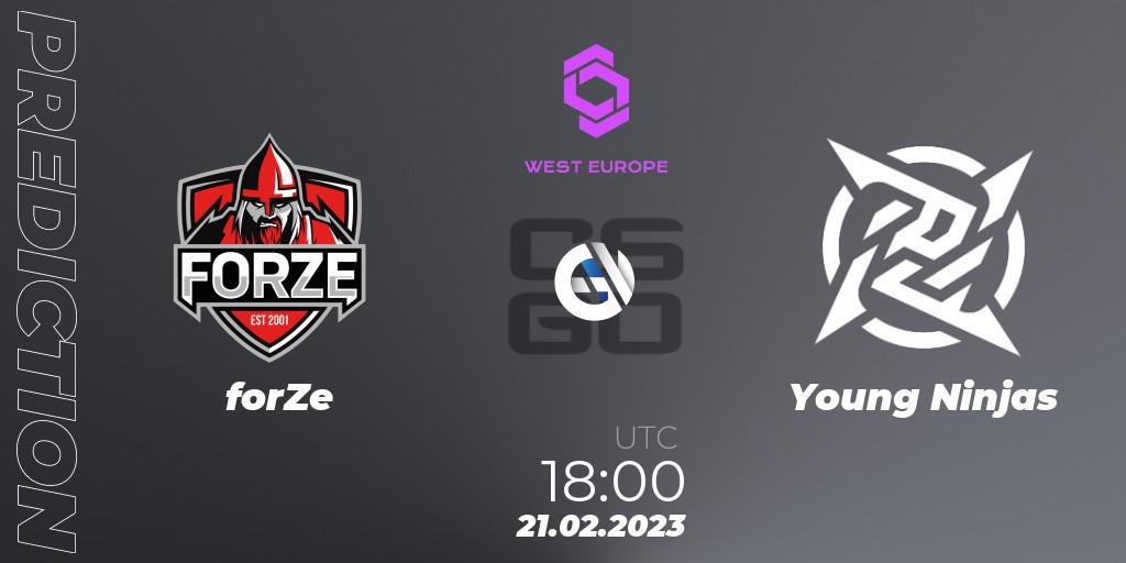 Prognose für das Spiel forZe VS Young Ninjas. 21.02.2023 at 18:00. Counter-Strike (CS2) - CCT West Europe Series #1