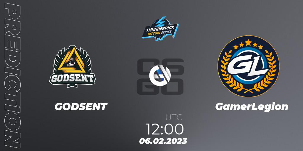 Prognose für das Spiel GODSENT VS GamerLegion. 06.02.2023 at 12:00. Counter-Strike (CS2) - Thunderpick Bitcoin Series 2