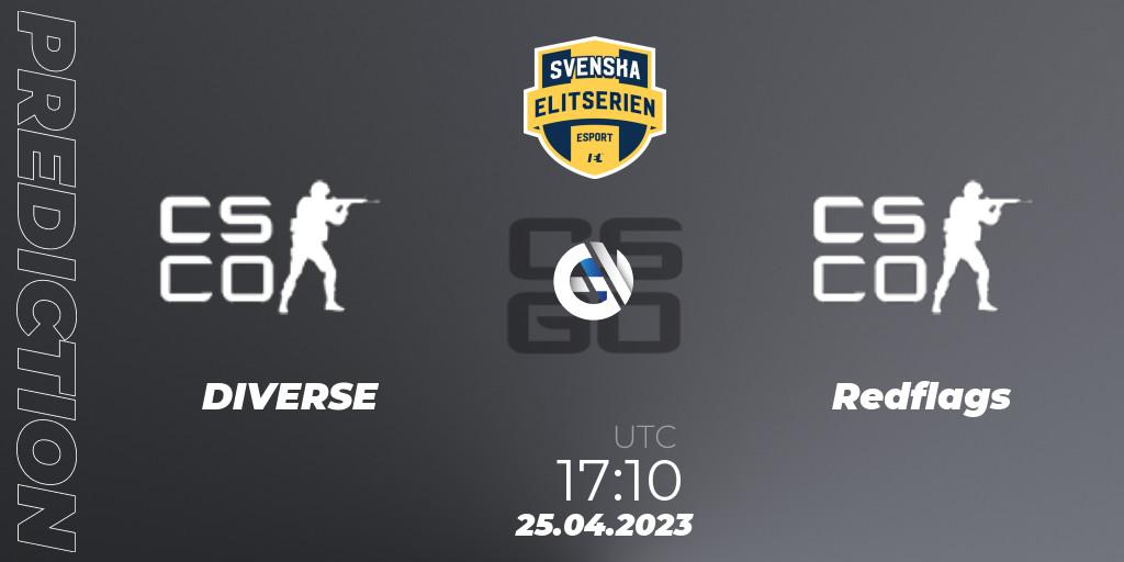 Prognose für das Spiel DIVERSE VS Redflags. 25.04.2023 at 16:00. Counter-Strike (CS2) - Svenska Elitserien Spring 2023: Online Stage