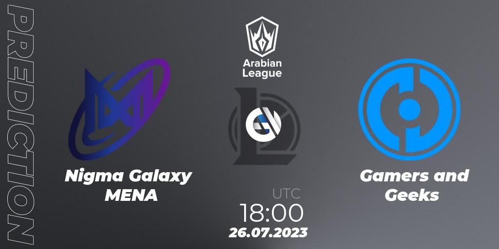 Prognose für das Spiel Nigma Galaxy MENA VS Gamers and Geeks. 26.07.23. LoL - Arabian League Summer 2023 - Group Stage