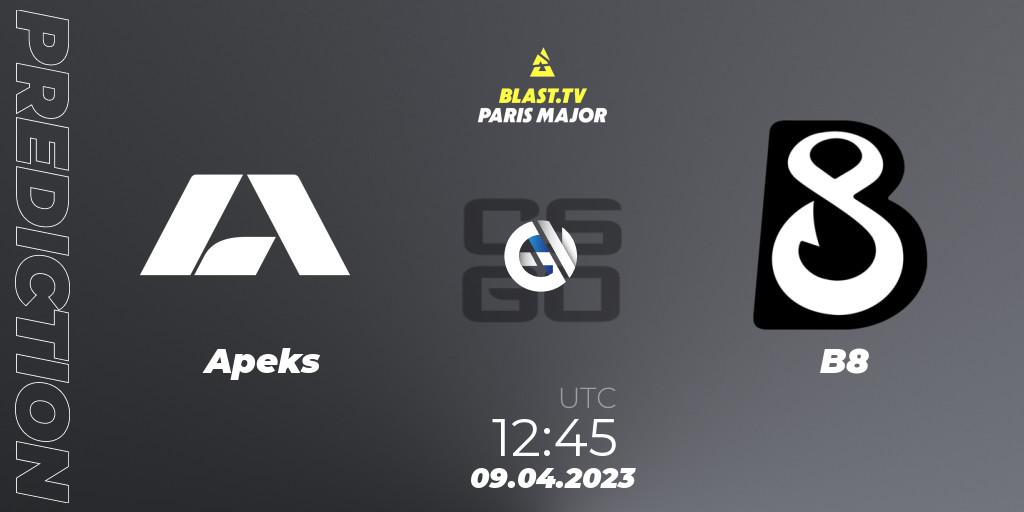 Prognose für das Spiel Apeks VS B8. 09.04.2023 at 12:20. Counter-Strike (CS2) - BLAST.tv Paris Major 2023 Europe RMR A