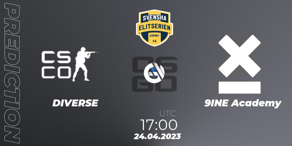 Prognose für das Spiel DIVERSE VS 9INE Academy. 24.04.2023 at 17:00. Counter-Strike (CS2) - Svenska Elitserien Spring 2023: Online Stage