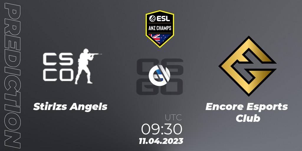 Prognose für das Spiel Stirlzs Angels VS Encore Esports Club. 11.04.2023 at 11:10. Counter-Strike (CS2) - ESL ANZ Champs Season 16