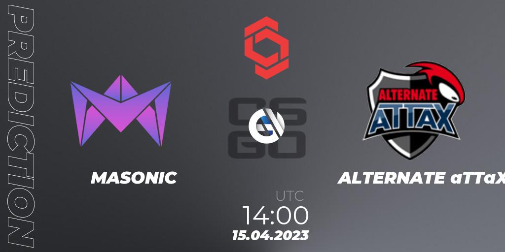 Prognose für das Spiel MASONIC VS ALTERNATE aTTaX. 15.04.2023 at 14:50. Counter-Strike (CS2) - CCT Central Europe Series #6: Closed Qualifier