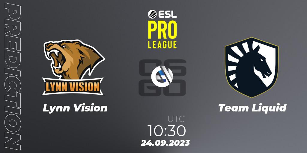 Prognose für das Spiel Lynn Vision VS Team Liquid. 24.09.2023 at 10:30. Counter-Strike (CS2) - ESL Pro League Season 18