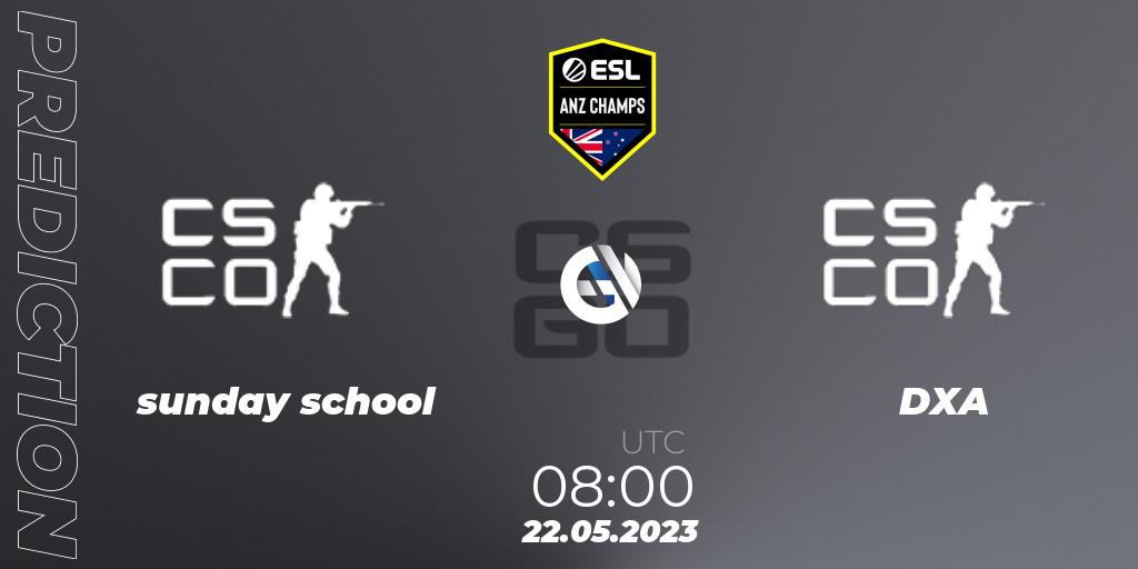 Prognose für das Spiel sunday school VS DXA Esports. 22.05.2023 at 08:00. Counter-Strike (CS2) - ESL ANZ Champs Season 16