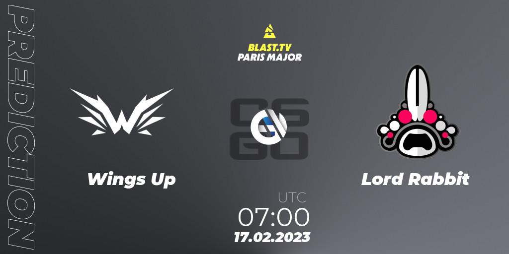 Prognose für das Spiel Wings Up VS Lord Rabbit. 17.02.2023 at 12:30. Counter-Strike (CS2) - BLAST.tv Paris Major 2023 China RMR Closed Qualifier