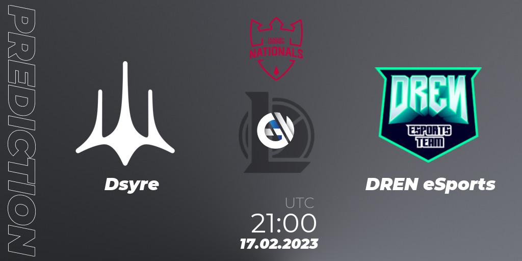 Prognose für das Spiel Dsyre VS DREN eSports. 17.02.2023 at 21:00. LoL - PG Nationals Spring 2023 - Group Stage
