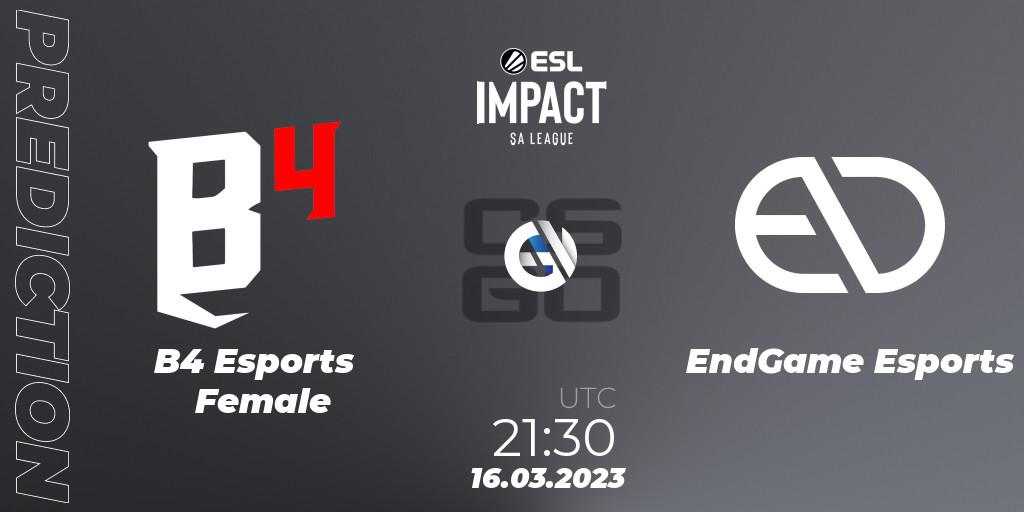 Prognose für das Spiel B4 Esports Female VS EndGame Esports. 16.03.23. CS2 (CS:GO) - ESL Impact League Season 3: South American Division