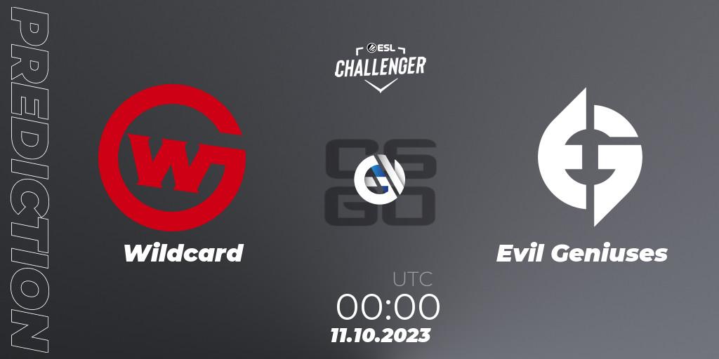 Prognose für das Spiel Wildcard VS Evil Geniuses. 11.10.2023 at 00:00. Counter-Strike (CS2) - ESL Challenger at DreamHack Winter 2023: North American Qualifier