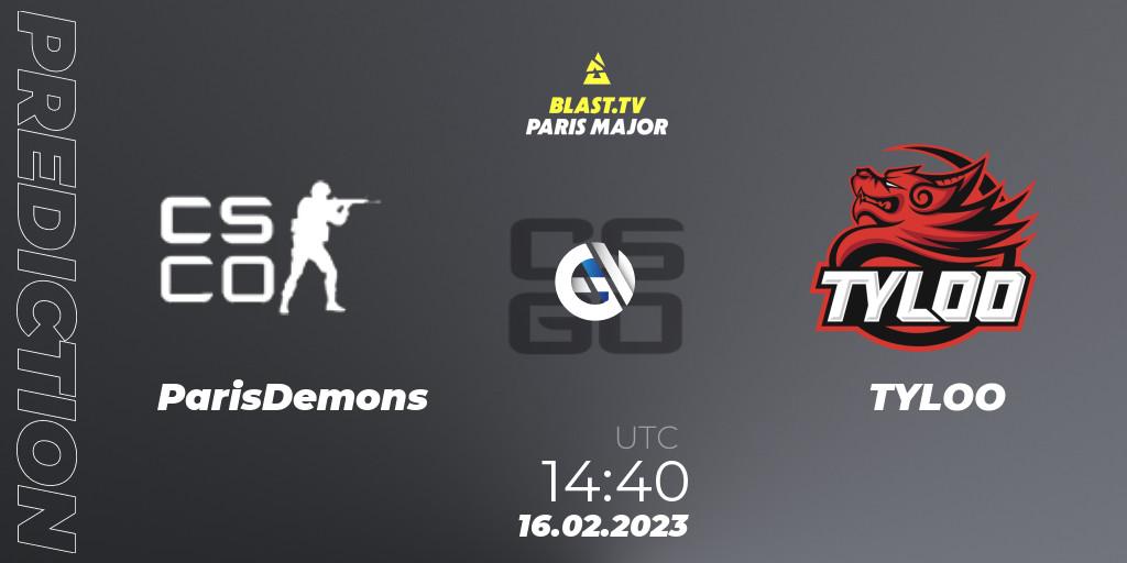 Prognose für das Spiel ParisDemons VS TYLOO. 16.02.2023 at 14:40. Counter-Strike (CS2) - BLAST.tv Paris Major 2023 China RMR Open Qualifier