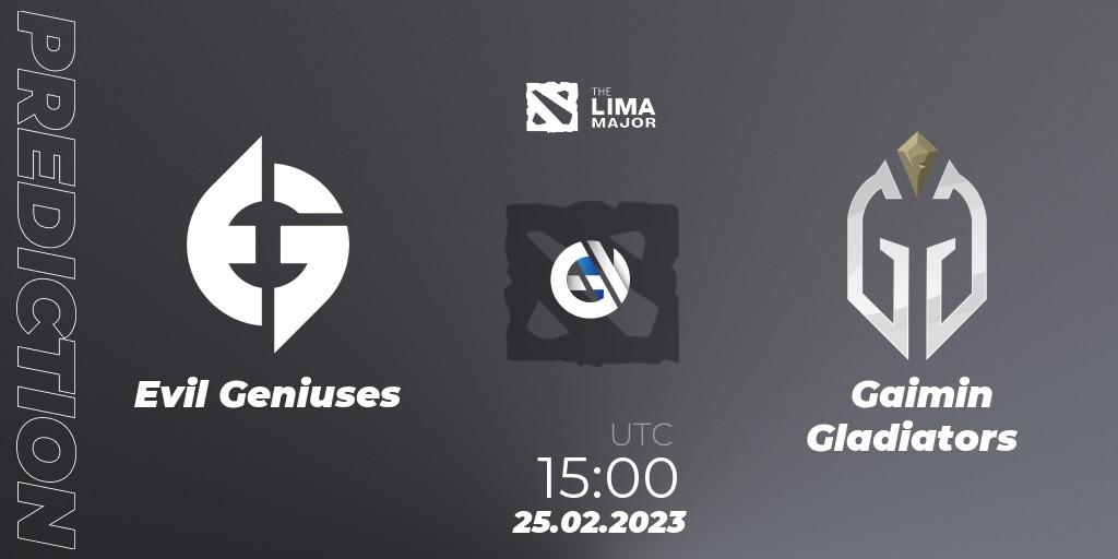 Prognose für das Spiel Evil Geniuses VS Gaimin Gladiators. 25.02.2023 at 15:00. Dota 2 - The Lima Major 2023