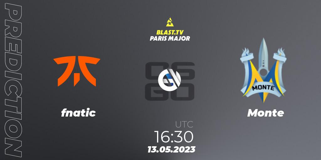 Prognose für das Spiel fnatic VS Monte. 13.05.2023 at 15:20. Counter-Strike (CS2) - BLAST Paris Major 2023