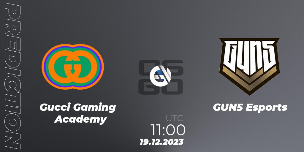 Prognose für das Spiel Gucci Gaming Academy VS GUN5 Esports. 19.12.2023 at 11:00. Counter-Strike (CS2) - 22BET Christmas Cup 2023