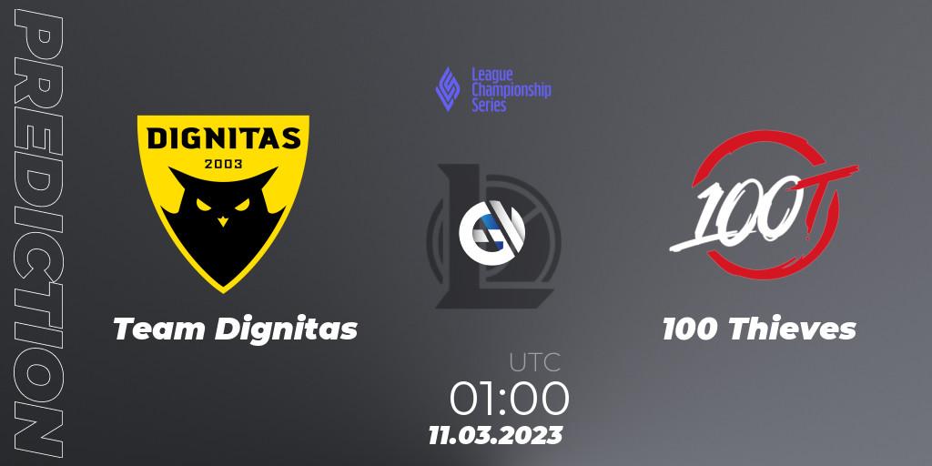 Prognose für das Spiel Team Dignitas VS 100 Thieves. 11.03.2023 at 01:00. LoL - LCS Spring 2023 - Group Stage