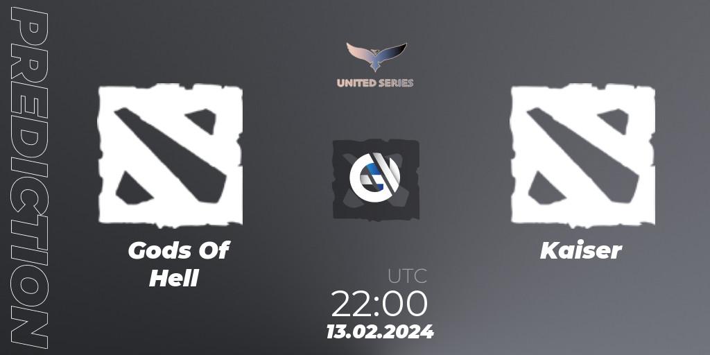 Prognose für das Spiel Gods Of Hell VS Kaiser. 05.02.2024 at 22:00. Dota 2 - United Series 1