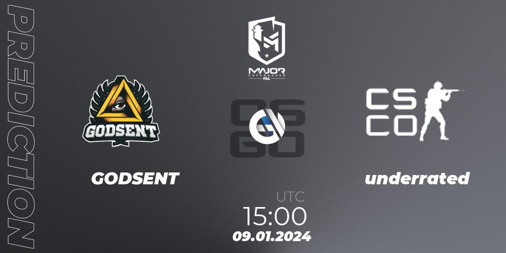 Prognose für das Spiel GODSENT VS underrated. 09.01.24. CS2 (CS:GO) - PGL CS2 Major Copenhagen 2024 Europe RMR Open Qualifier 1