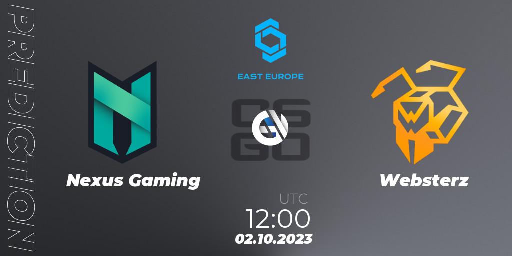 Prognose für das Spiel Nexus Gaming VS Websterz. 02.10.2023 at 12:00. Counter-Strike (CS2) - CCT East Europe Series #3: Closed Qualifier