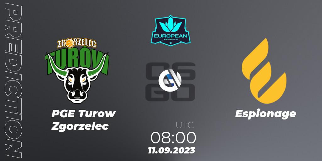 Prognose für das Spiel PGE Turow Zgorzelec VS Espionage. 11.09.2023 at 08:00. Counter-Strike (CS2) - European Pro League Season 10