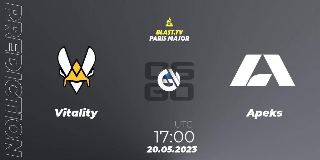 Prognose für das Spiel Vitality VS Apeks. 20.05.2023 at 17:35. Counter-Strike (CS2) - BLAST Paris Major 2023
