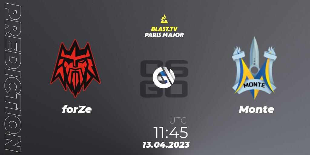 Prognose für das Spiel forZe VS Monte. 13.04.2023 at 12:45. Counter-Strike (CS2) - BLAST.tv Paris Major 2023 Europe RMR B