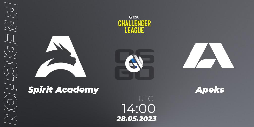 Prognose für das Spiel Spirit Academy VS Apeks. 28.05.2023 at 14:00. Counter-Strike (CS2) - ESL Challenger League Season 45: Europe