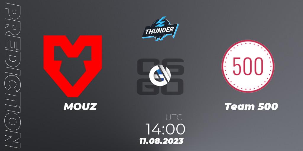 Prognose für das Spiel MOUZ VS Team 500. 11.08.2023 at 17:00. Counter-Strike (CS2) - Thunderpick World Championship 2023: European Qualifier #1