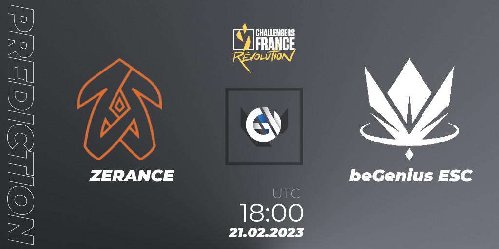 Prognose für das Spiel ZERANCE VS beGenius ESC. 21.02.2023 at 18:00. VALORANT - VALORANT Challengers 2023 France: Revolution Split 1
