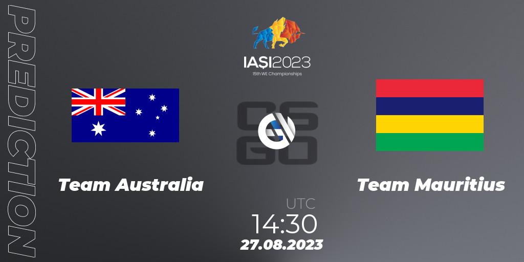 Prognose für das Spiel Team Australia VS Team Mauritius. 27.08.2023 at 20:50. Counter-Strike (CS2) - IESF World Esports Championship 2023