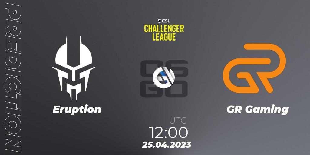 Prognose für das Spiel Eruption VS GR Gaming. 25.04.2023 at 12:00. Counter-Strike (CS2) - ESL Challenger League Season 45: Asia-Pacific