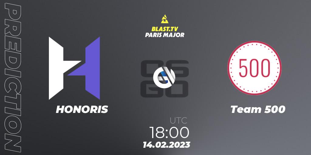 Prognose für das Spiel HONORIS VS Team 500. 14.02.2023 at 18:00. Counter-Strike (CS2) - BLAST.tv Paris Major 2023 Europe RMR Open Qualifier