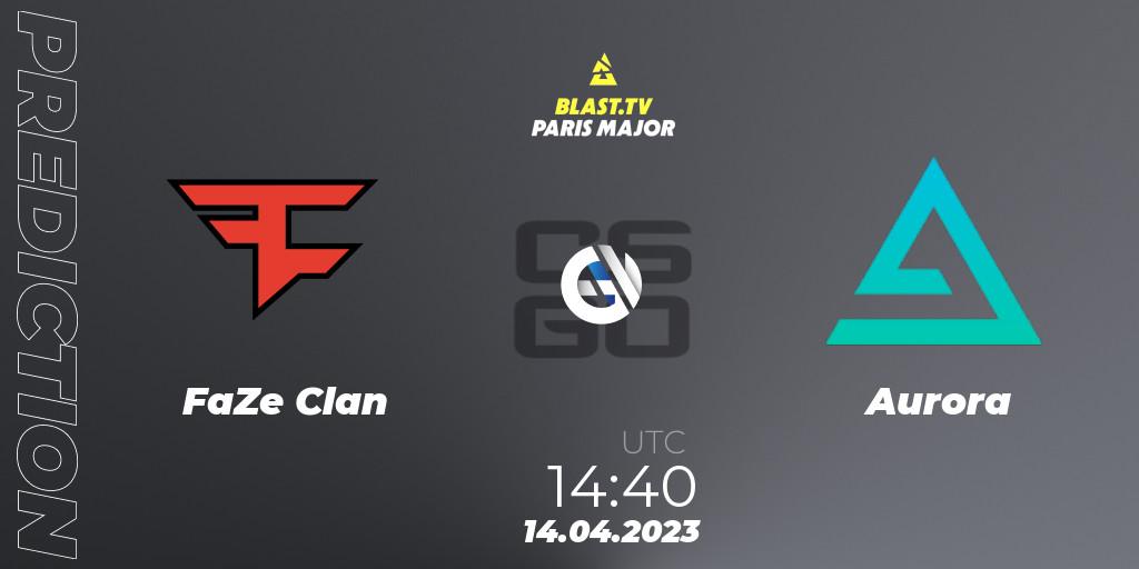 Prognose für das Spiel FaZe Clan VS Aurora. 14.04.2023 at 15:05. Counter-Strike (CS2) - BLAST.tv Paris Major 2023 Challengers Stage Europe Last Chance Qualifier