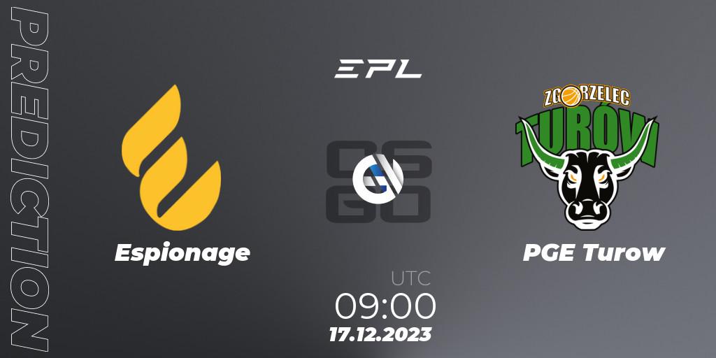 Prognose für das Spiel Espionage VS PGE Turow. 17.12.2023 at 11:30. Counter-Strike (CS2) - European Pro League Season 13: Division 2