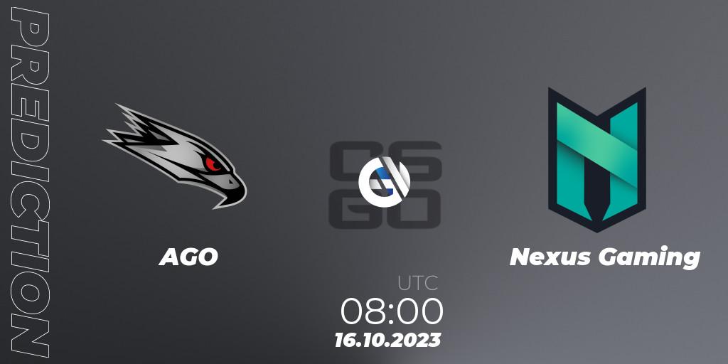 Prognose für das Spiel AGO VS Nexus Gaming. 16.10.23. CS2 (CS:GO) - European Pro League Season 11: Division 2