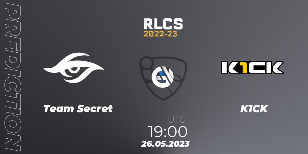 Prognose für das Spiel Team Secret VS K1CK. 26.05.2023 at 19:00. Rocket League - RLCS 2022-23 - Spring: South America Regional 2 - Spring Cup