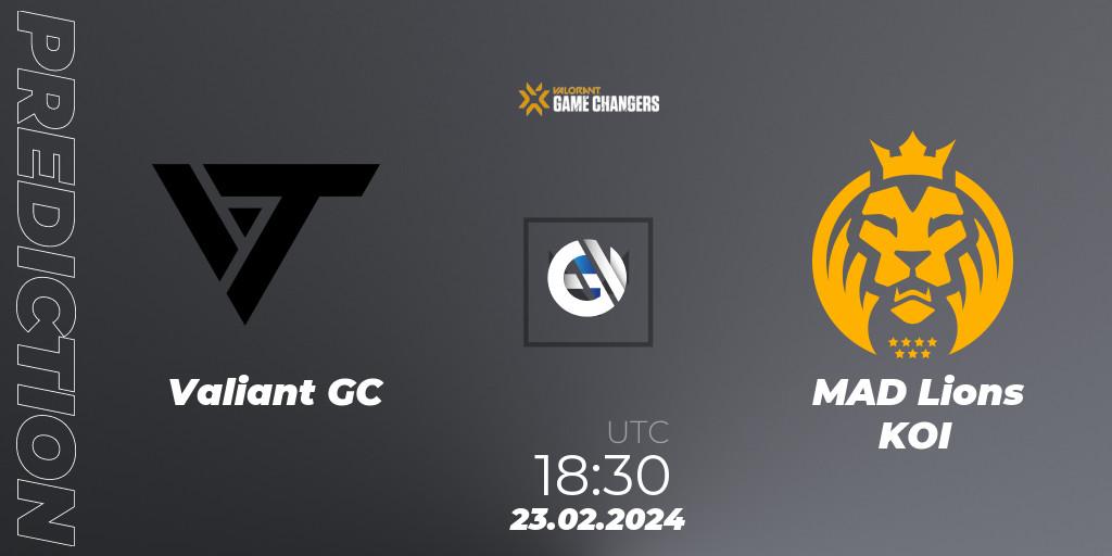 Prognose für das Spiel Valiant GC VS MAD Lions KOI. 23.02.2024 at 19:30. VALORANT - VCT 2024: Game Changers EMEA Stage 1