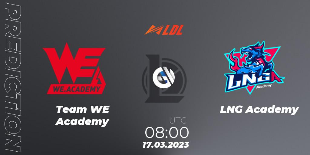 Prognose für das Spiel Team WE Academy VS LNG Academy. 17.03.2023 at 08:00. LoL - LDL 2023 - Regular Season