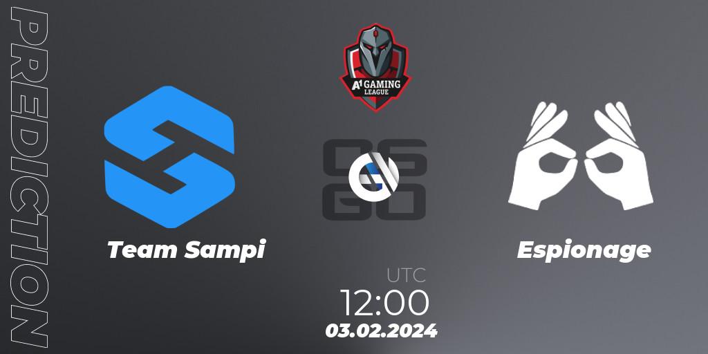 Prognose für das Spiel Team Sampi VS Espionage. 03.02.2024 at 12:00. Counter-Strike (CS2) - A1 Gaming League Season 8