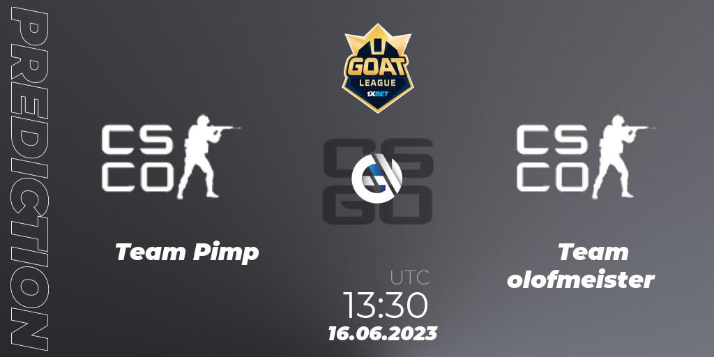 Prognose für das Spiel Team Pimp VS Team olofmeister. 16.06.2023 at 13:30. Counter-Strike (CS2) - 1xBet GOAT League 2023 Summer VACation